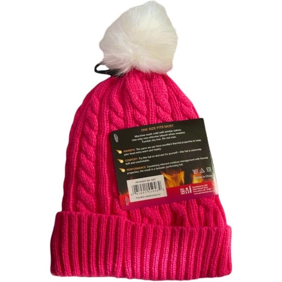 Polar Extreme Pink Cable Knit White Puff Logo Thermal Insulated Hat - Picture 2 of 4